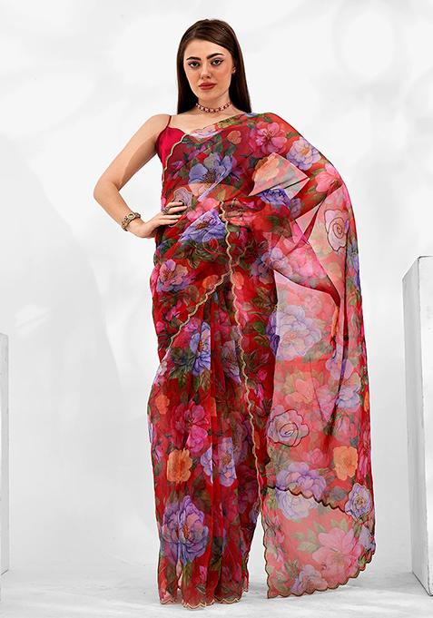 Multicolour Printed Organza Silk Saree Set