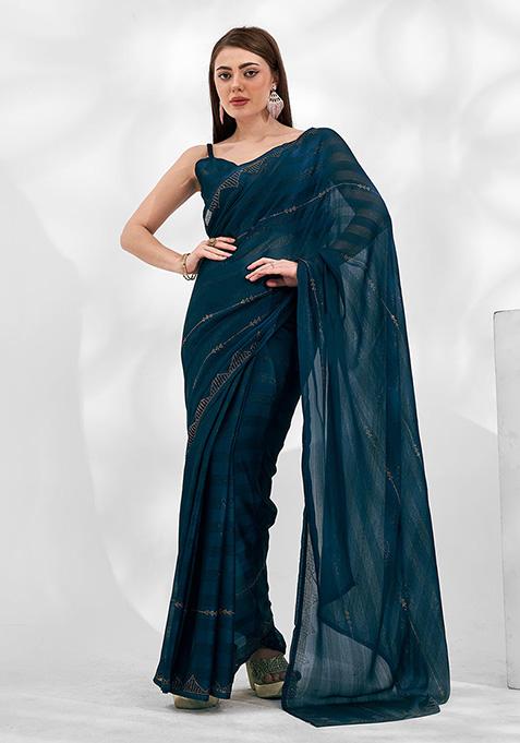 Petrol Green Moss Chiffon Saree Set