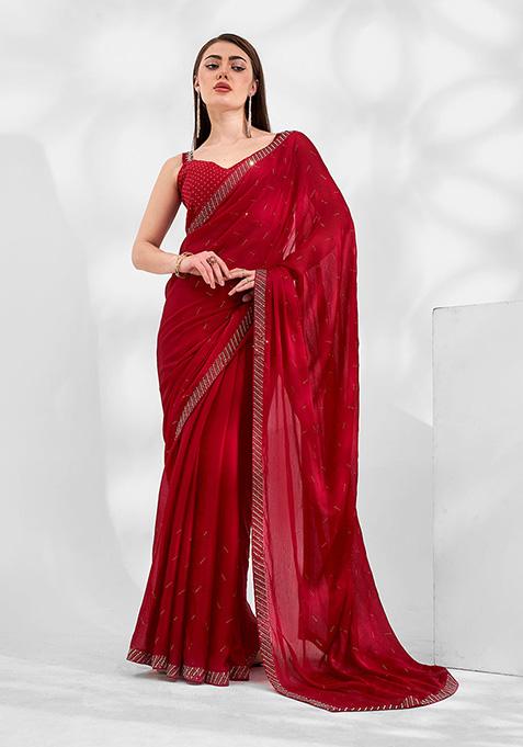 Red Satin Chiffon Saree Set