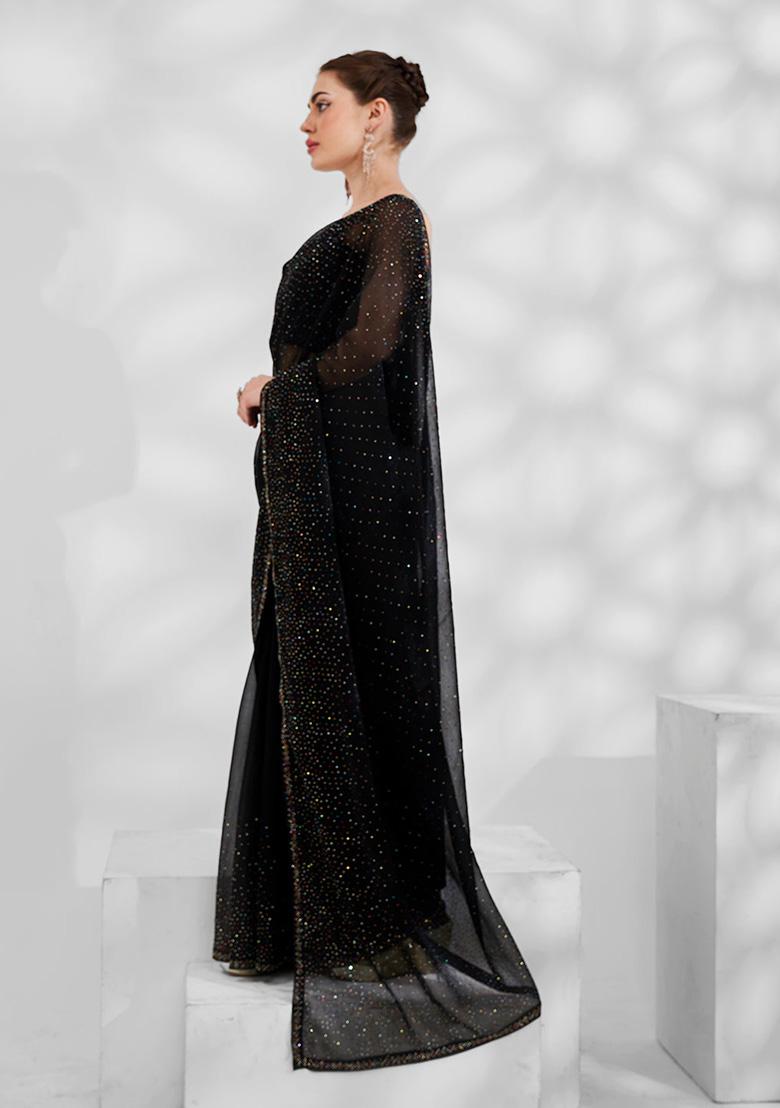 Black Shimmer Chiffon Saree Set - Indya