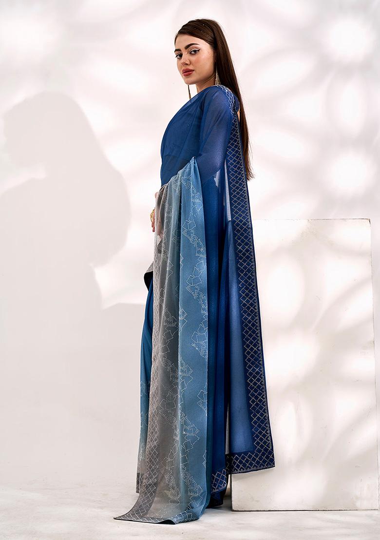 Blue Lycra Saree Set - Indya