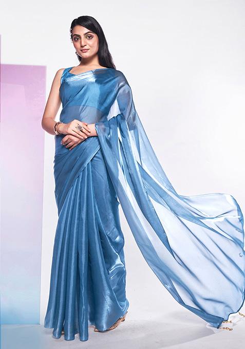 Sea Blue Premium Organza Saree Set