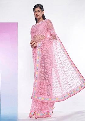 Pink Embroidered Net Saree Set