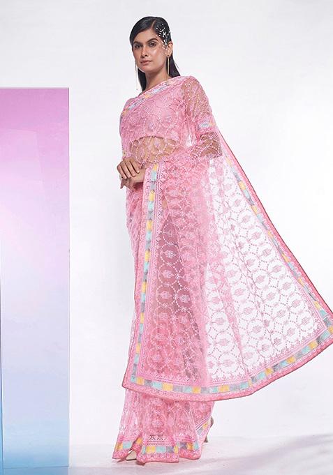 Pink Embroidered Net Saree Set