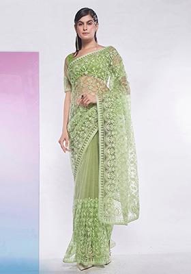 Green Embroidered Net Saree Set