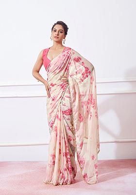 Off White Printed Organza Silk Saree Set