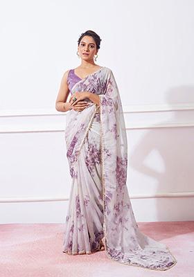 Off White Printed Organza Silk Saree Set
