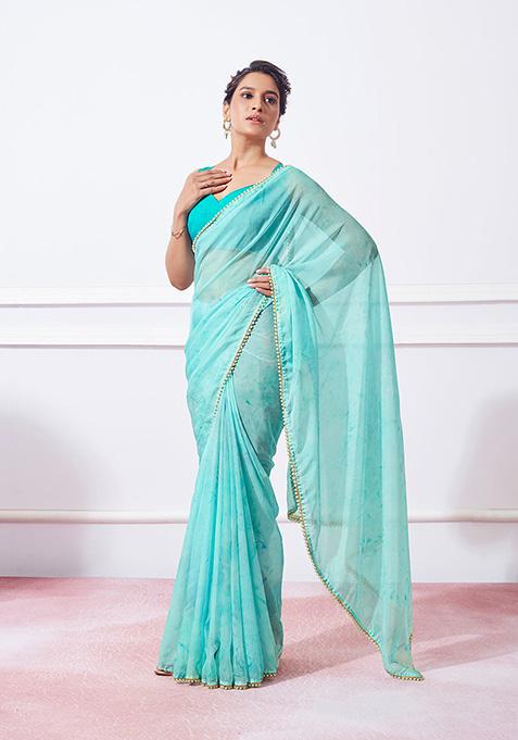 Sky Blue Printed Organza Silk Saree Set