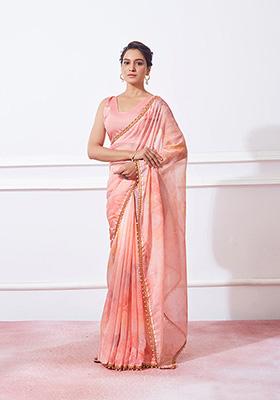 Peach Printed Organza Silk Saree Set
