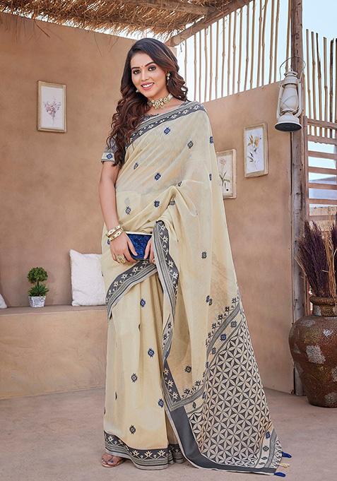 Cream Printed Dhola Silk Saree Set