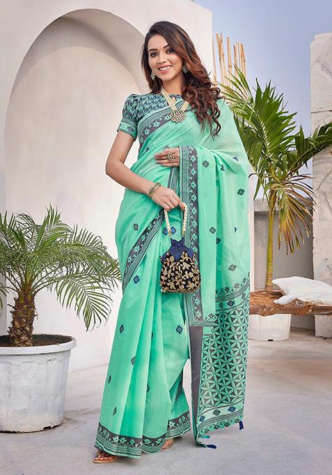 Pista Green Printed Dhola Silk Saree Set