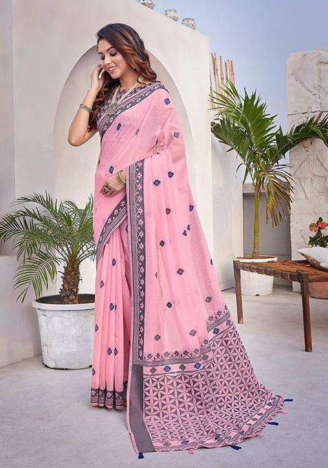 Pink Printed Dhola Silk Saree Set