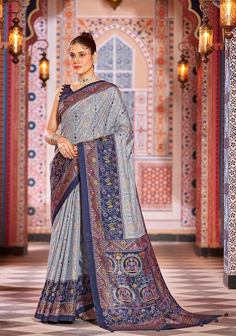 Grey Printed Dhola Silk Saree Set