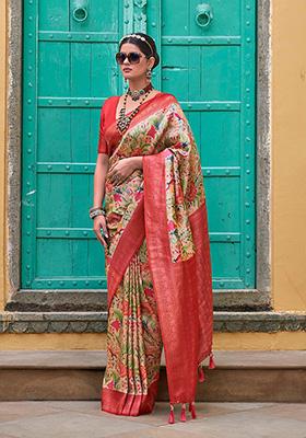 Tomato Red Woven Kanjivaram Silk Saree Set