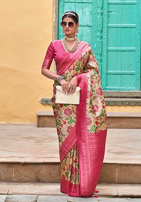 Pink Woven Kanjivaram Silk Saree Set