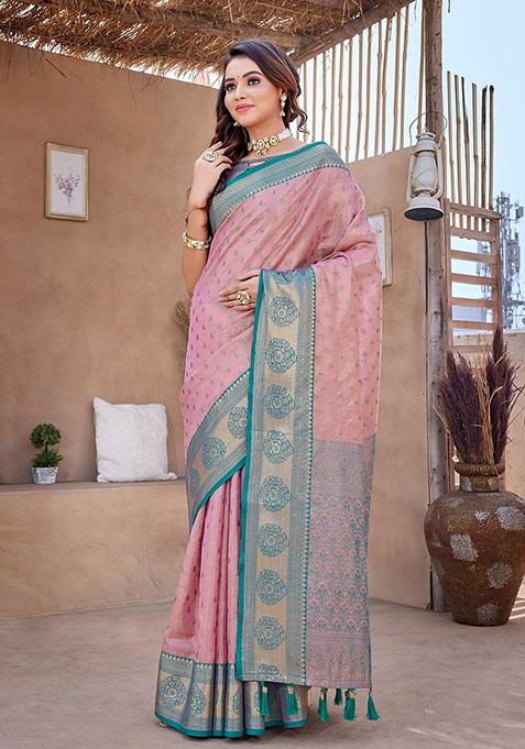Pink Woven Zarna Silk Saree Set