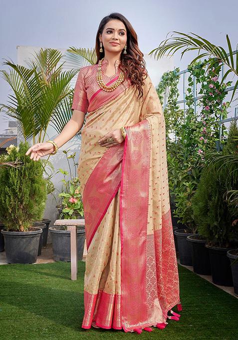 Cream Woven Zarna Silk Saree Set