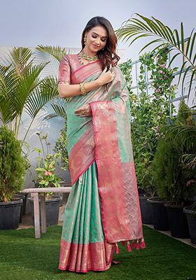 Sea Green Woven Zarna Silk Saree Set