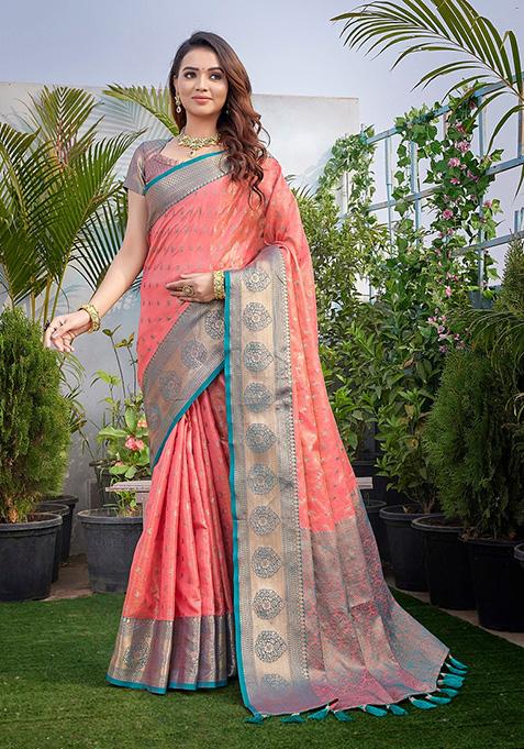 Peach Woven Zarna Silk Saree Set