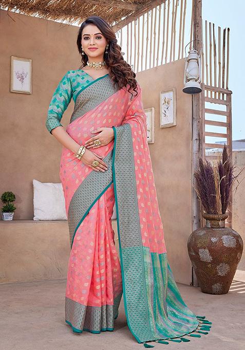 Peach Woven Zarna Silk Saree Set