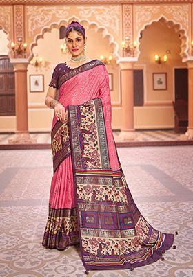 Peach Printed Dhola Silk Saree Set