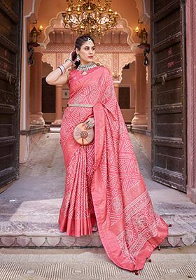 Peach Printed Dhola Silk Saree Set