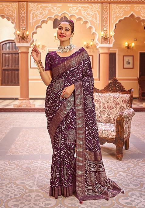 Purple Printed Dhola Silk Saree Set