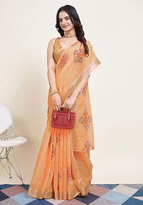 Orange Printed Semi Cotton Saree Set