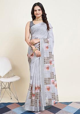 Grey Printed Semi Cotton Saree Set