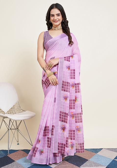 Lavender Printed Semi Cotton Saree Set