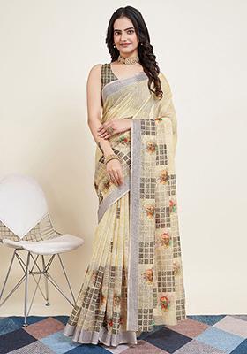 Yellow Printed Semi Cotton Saree Set