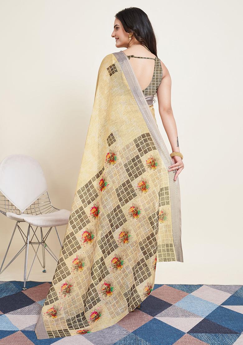 Yellow Printed Semi Cotton Saree Set