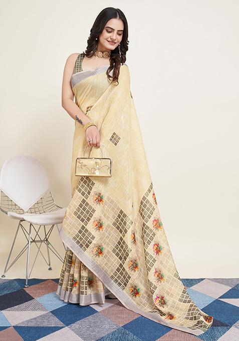 Yellow Printed Semi Cotton Saree Set