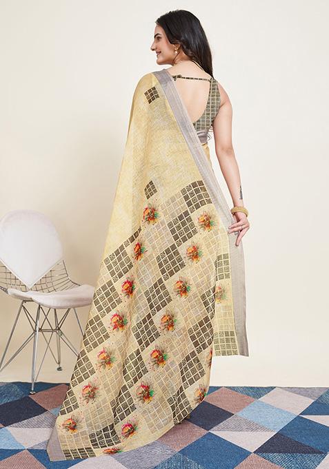 Yellow Printed Semi Cotton Saree Set