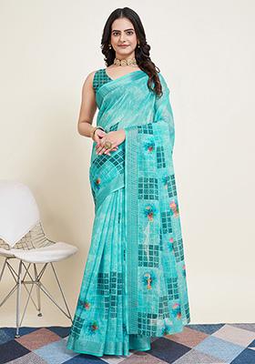 Sea Green Printed Semi Cotton Saree Set