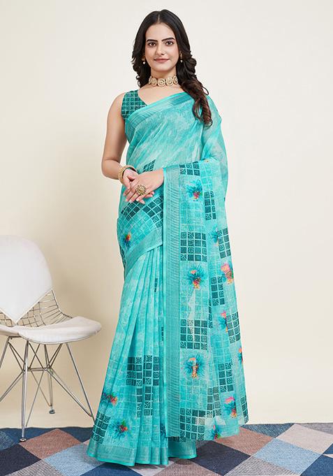 Sea Green Printed Semi Cotton Saree Set