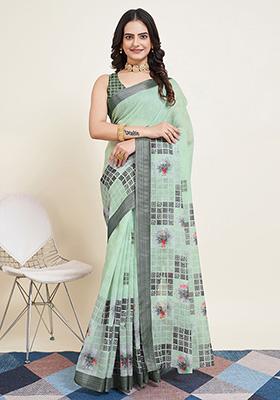 Pista Green Printed Semi Cotton Saree Set