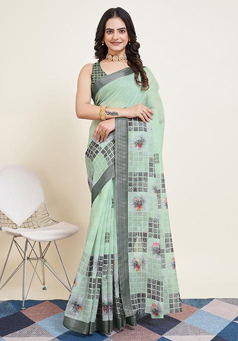 Pista Green Printed Semi Cotton Saree Set