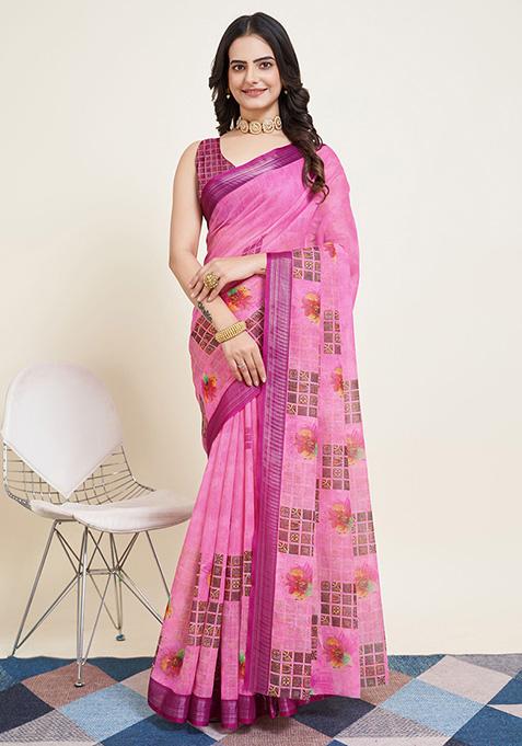 Pink Printed Semi Cotton Saree Set