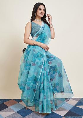 Sky Blue Printed Super Net Saree Set