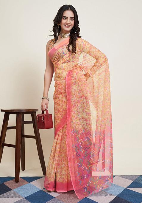 Peach Printed Super Net Saree Set