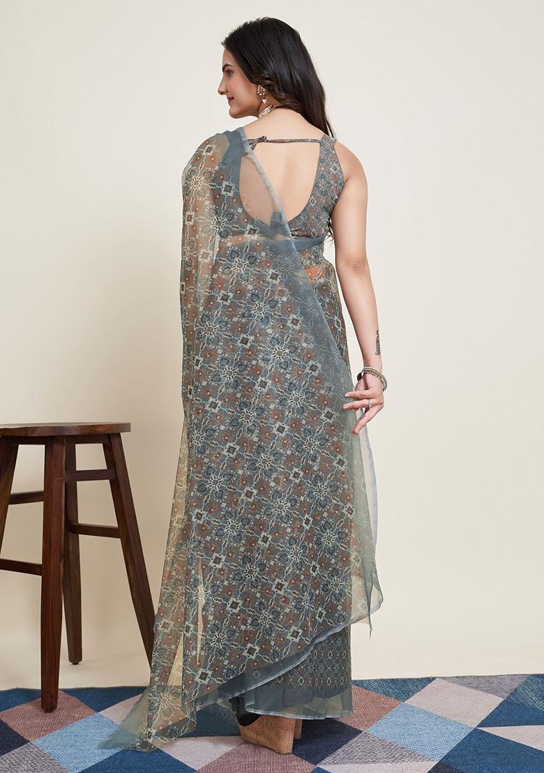 Black Printed Super Net Saree Set - Indya