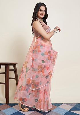 Pink Printed Super Net Saree Set