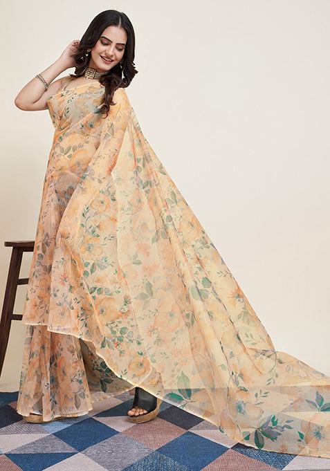 Yellow Printed Super Net Saree Set