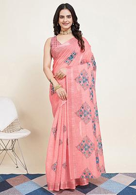 Peach Printed Semi Cotton Saree Set
