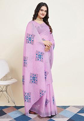 Lavender Printed Semi Cotton Saree Set