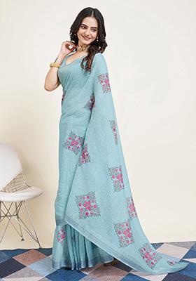 Sky Blue Printed Semi Cotton Saree Set