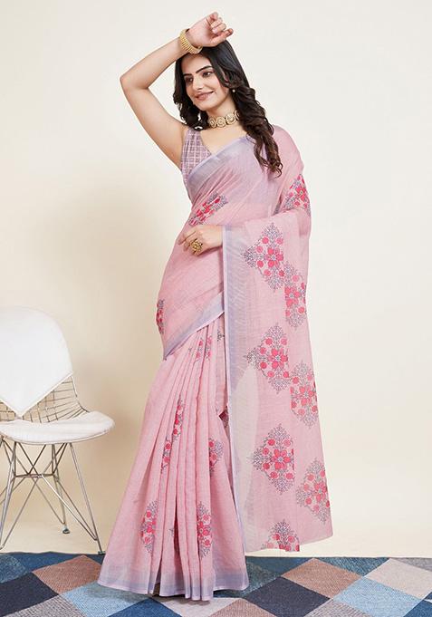 Pink Printed Semi Cotton Saree Set