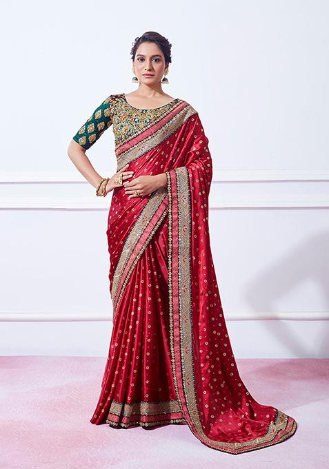 Maroon Embroidered Silk Saree Set