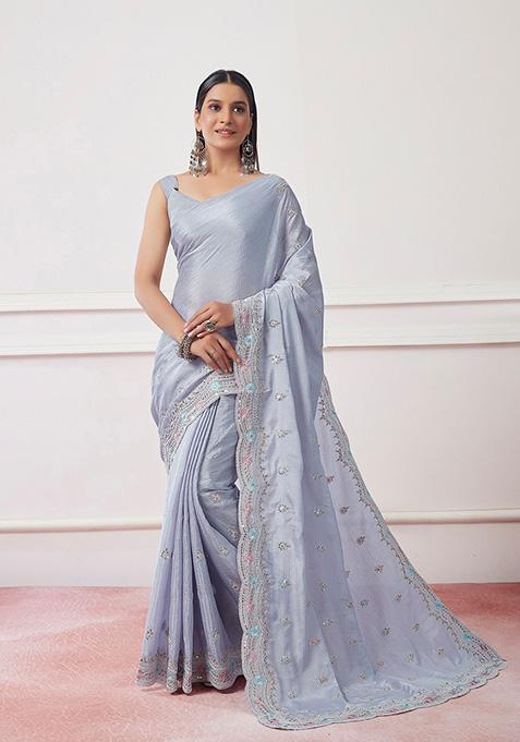 Grey Embroidered Vichitra Silk Saree Set